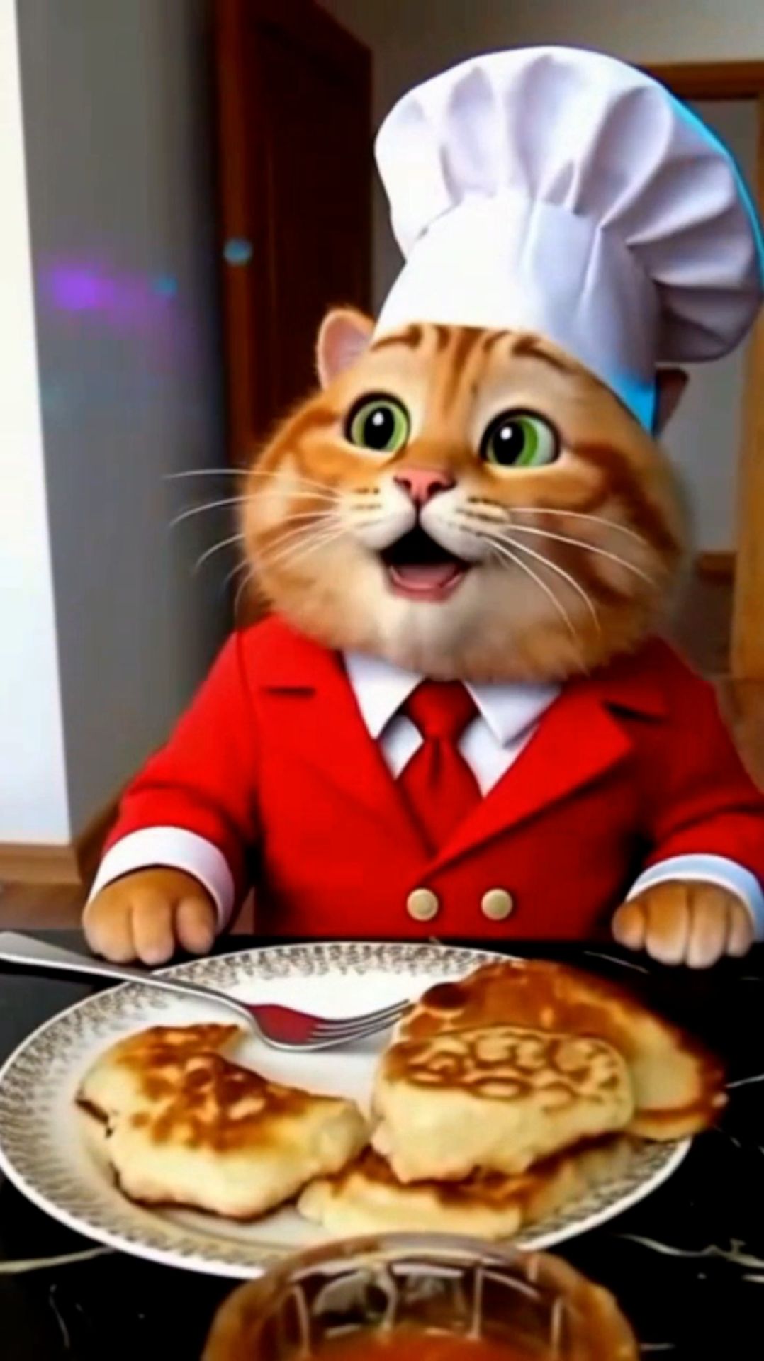 Шеф,  с удовольствием, кушает оладьи.