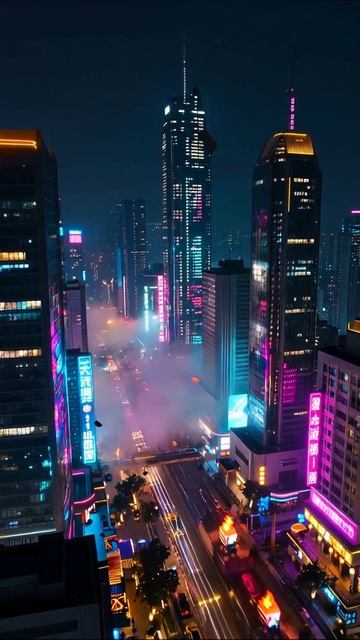 Ночное сияние города: яркие огни и туманные улицы #город #ночь #технологии