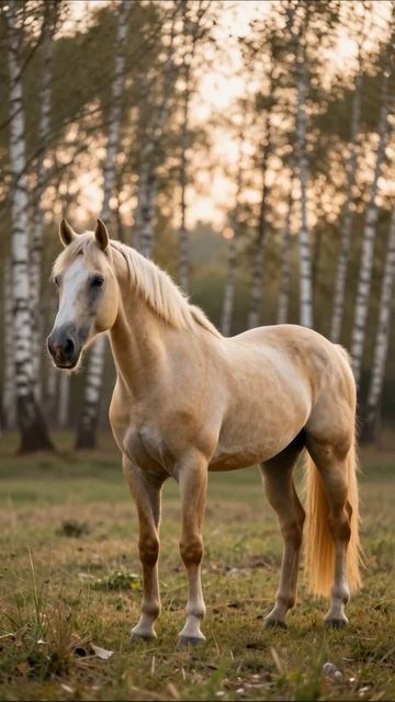 Прекрасная лошадь на лужайке у берез #лошади #природа #животные