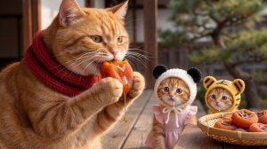 Рыжая сестричка и котенок в шляпе Не могут устоять перед хурмой, которую Мама приготовила на ветру