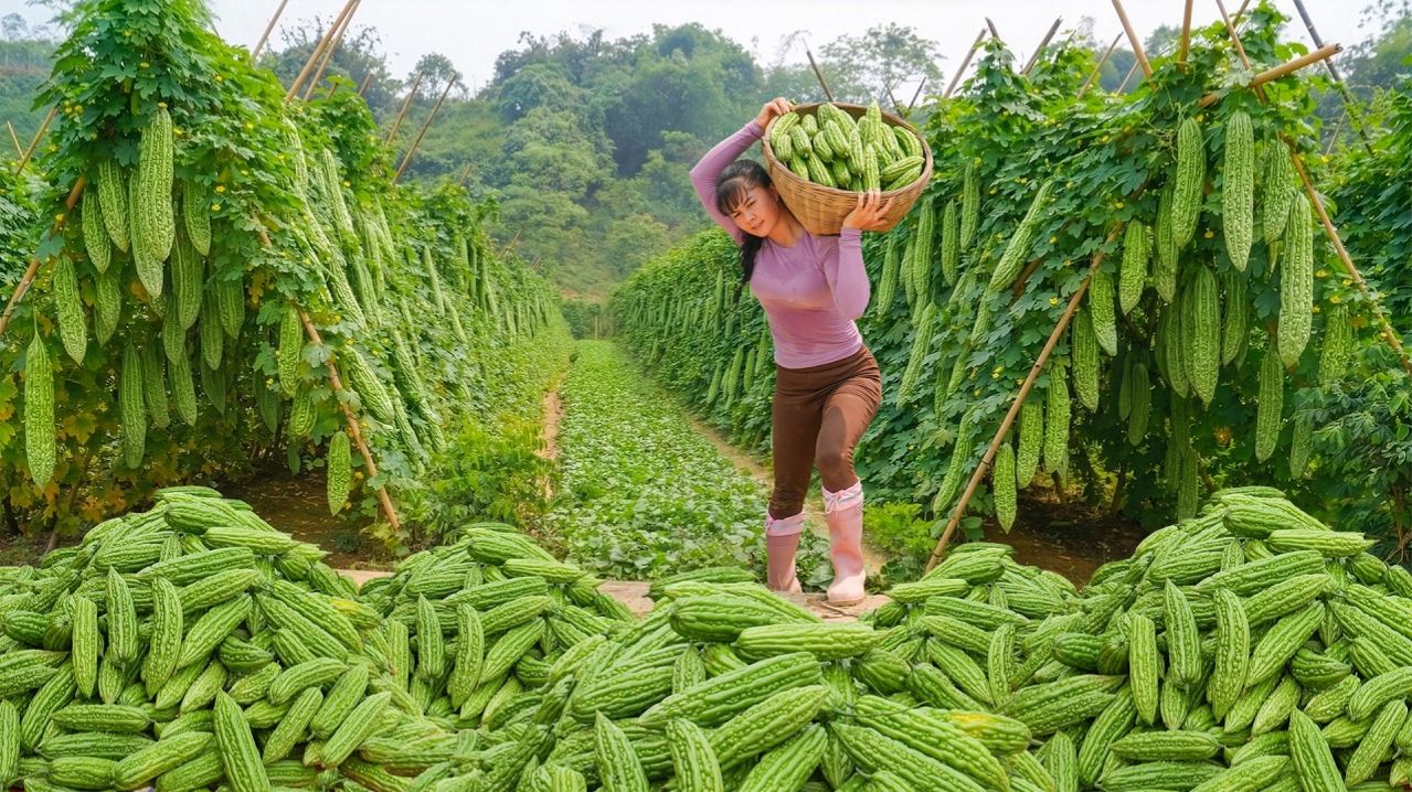 Фуонг, собрала много горькой дыни в большом огороде. Отправляюсь на рынок чтобы продать.