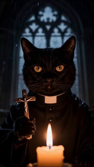 Черная кошка в роли священника #кот #мистика #комедия