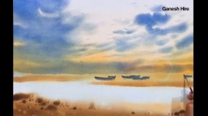 Watercolour Landscape Painting Fisherman the Boat Ganesh Hire