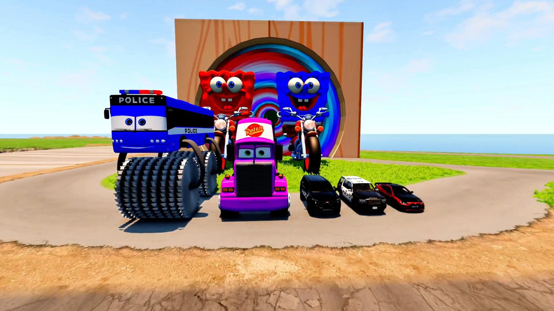 Большой и маленький Губка Боб на мотоцикле против