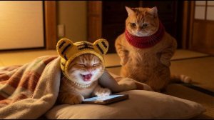 Котенок в тигровой шапочке тайно воспользовался телефоном в полночь и был пойман мамой-кошкой