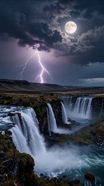 Водопады под луной и молнией #природа #вода #молния