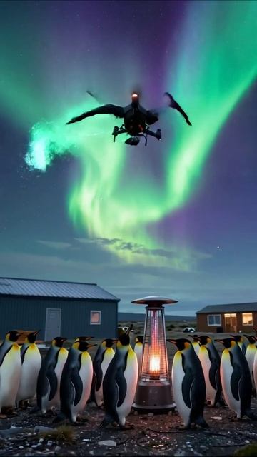 Невероятное зрелище: пингвины и дрон под северным сиянием #пингвины #дрон #северноесияние