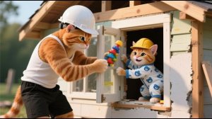 Папа Кот строит крошечный домик для Своей семьи