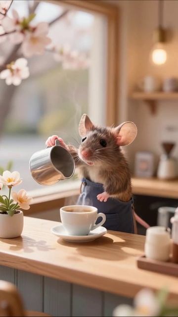 Кофейный шеф: мышка-бариста готовит утренний кофе #cuteanimals #настроение #кафе