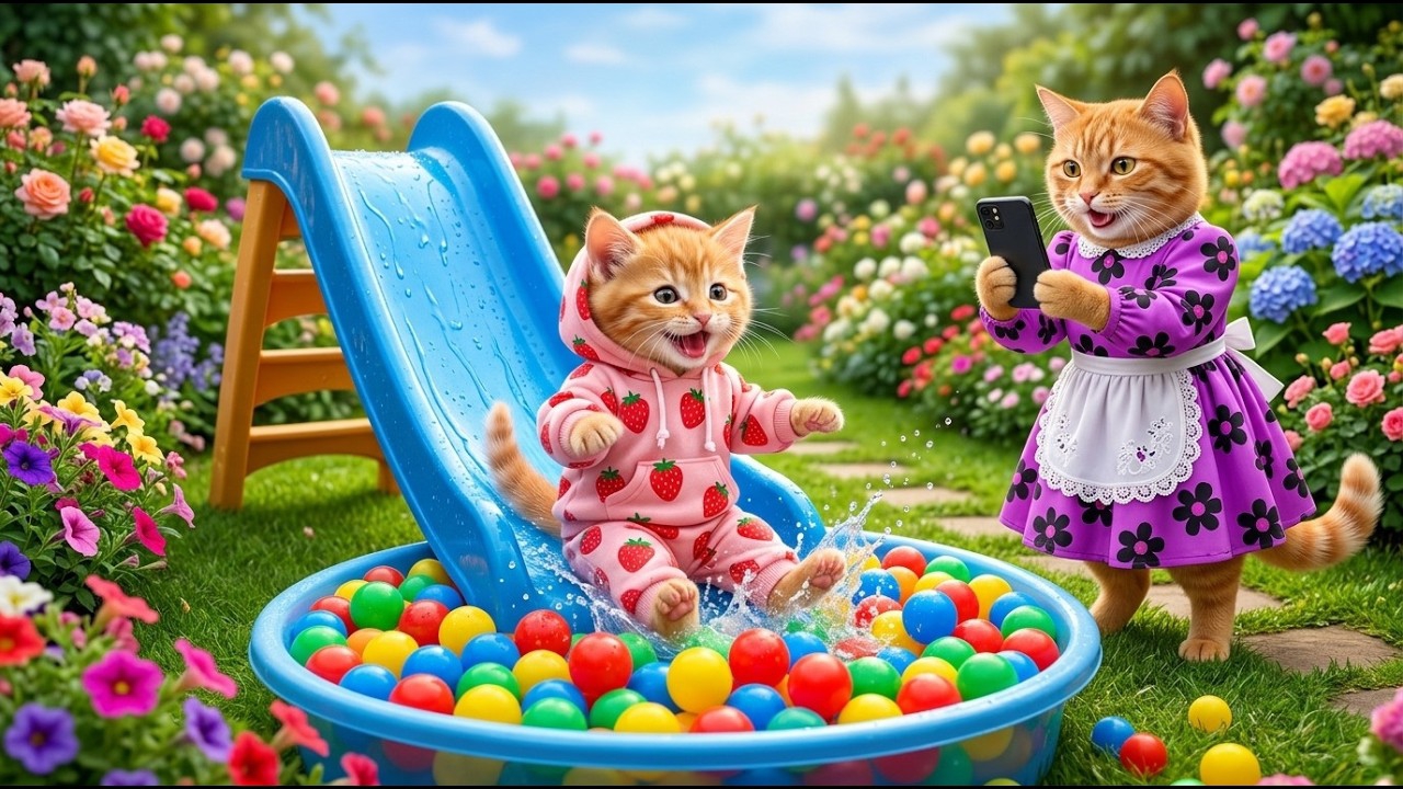 Мультики для детей. Котики играют в бассейне с шариками. Мультик