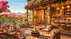 Весенняя терраса у озера с огнём и мягким джазом для отдыха 🌸🔥