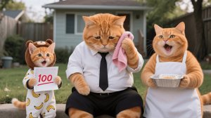 Котёнок-папа тайком плачет от стресса, а кошка-мама и рыжий котёнок утешают его небольшим подарком!