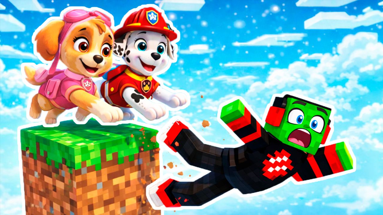 ВЫЖИВАНИЕ на 1 БЛОКЕ с ЩЕНЯЧИЙ ПАТРУЛЬ МАРШАЛ СКАЙ ГОНЩИК РАЙДЕР в МАЙНКРАФТ ЗОМБАК