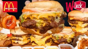 ASMR MUKBANG GIANT MCDONALDS VS WENDYS VS JACK IN THE BOX БУРГЕРЫ И ФРИ | С СЫРОМ И КУРИЦЕЙ