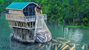 Я построил уютное и роскошное жилище на скале и поймал рыбу.