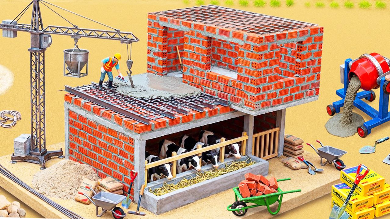 Мультики для детей. Самодельный мини-коровник из цемента и крана 🏗️🐄.  Мультики для малышей