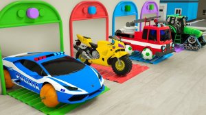 Пожарные машины, полицейские автомобили, тракторы и мотоциклы выезжают из гаража на новых колёсах.