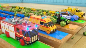 Изучаем цвета с помощью разноцветных грузовиков - Мультфильм про машинки, сборка фруктов, шины