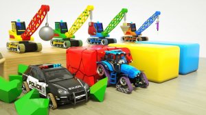 Полицейская машина трактор внедорожник Открываем коробку-сюрприз Мультфильм про грузовики для детей