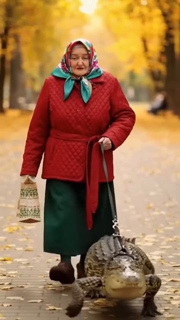 Бабуля и её зелёный пёсик