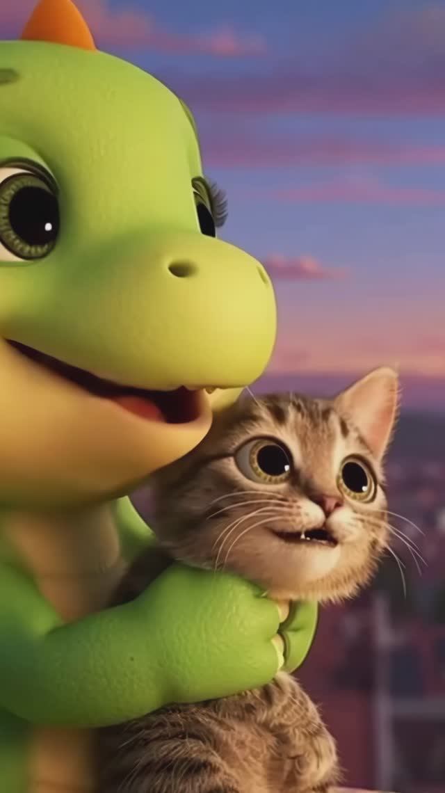 Динозаврик и кошечка ловят последний луч дня