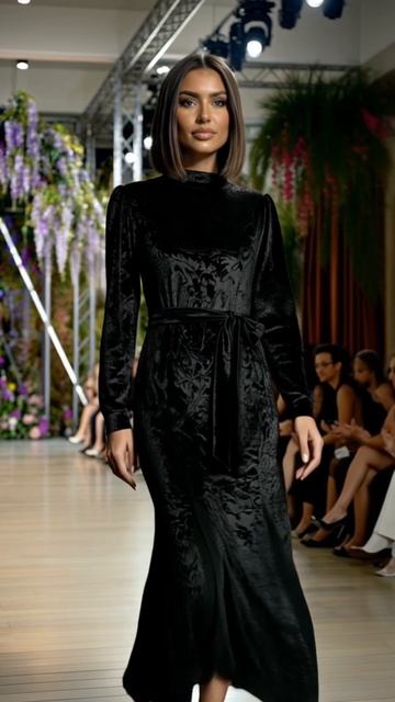 Весеннее Платье Велюра из черного бархата