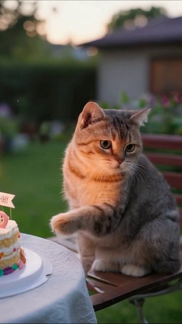 Кот на дне рождения: нежный момент с тортом 🎂🐾 #Коты #ДеньРождения #Сладости
