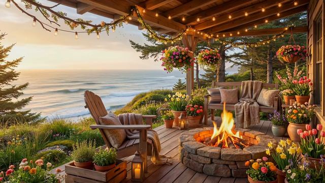Уютная Веранда у Океана 🌊 Нежный Шум Волн, Потрескивающий Костер и Красивое Пение Птиц