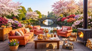 Весенний сад у реки с камином и мягким джазом для отдыха 🌸🔥