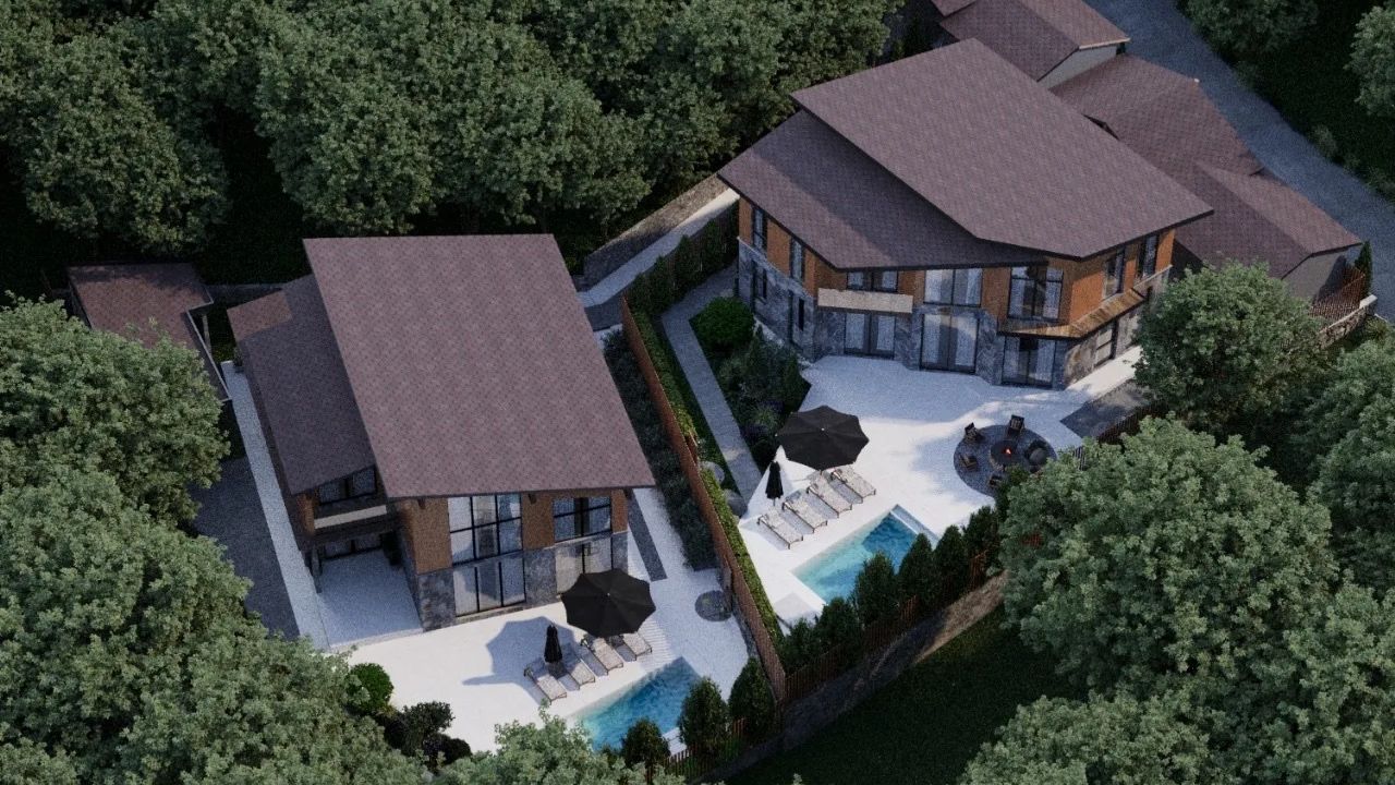 Дома в стиле шале у реки Мзымта: 280 м², 7 соток, вид на горы — Сочи, посёлок Монастырь.