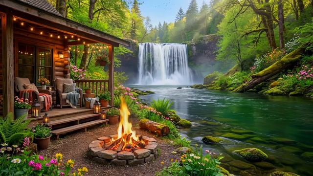 Уютный Домик в Весеннем Лесу у Водопада | Потрескивающий Костер, Звуки Реки и Пение Птиц