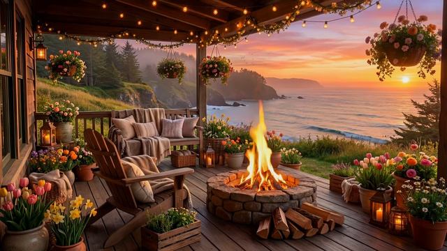 Прекрасный Закат у Океана на Уютной Веранде | Нежные Звуки Волн и Треск Костра для Отдыха