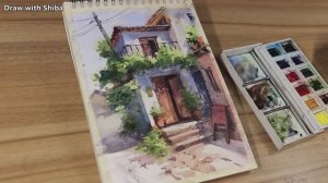 Свободная акварельная живопись «Красивое дерево и дом». Пошаговое руководство