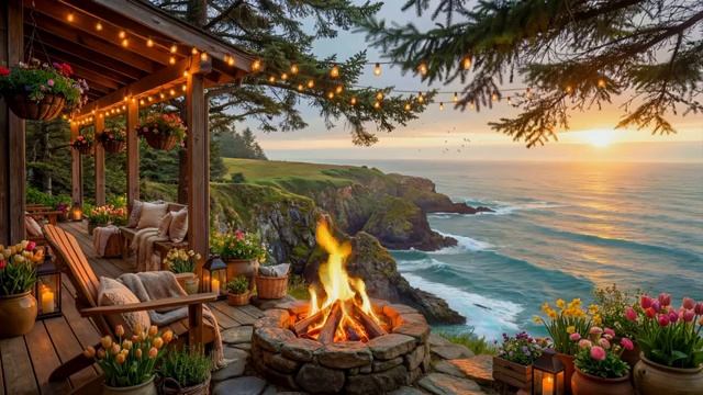 Крыльцо Домика у Океана на Закате | Расслабляющие Звуки Волн и Уютная Атмосфера у Костра для Сна