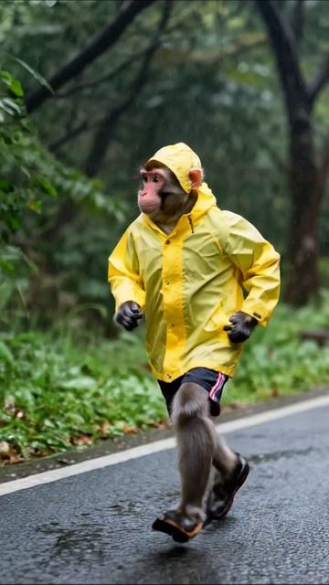 Бегущий обезьяна под дождем в желтом дождевике #обезьяны #животные #приключения