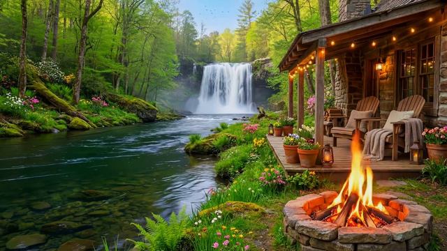 Потрясающая Атмосфера в Лесу у Водопада с Нежным Костром и Красивым Пением Птиц