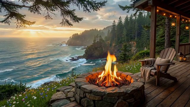 Потрясающий Вид на Океан из Уютной Веранды, Расслабляющий Шум Волн, Треск Костра и Пение Птиц