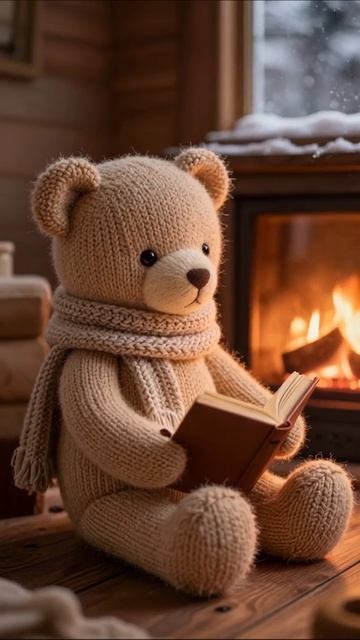 Медвежонок с книгой у камина #уют #зима #медведь