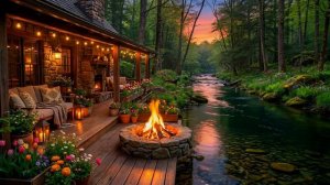 Спокойный Вечер на Крыльце Лесной Хижины, Журчащая Река, Потрескивание Костра и Пение Птиц