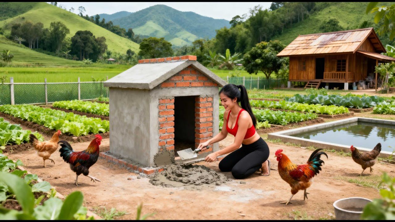 Красивая девушка, построила новый курятник, чтобы разводить много кур.