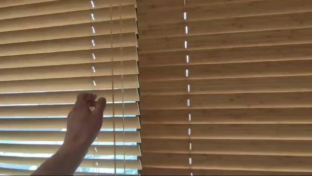 Горизонтальные жалюзи с электроприводом. Система  Coulisse 50 мм. Бамбук натуральный. Обзор зала. SV