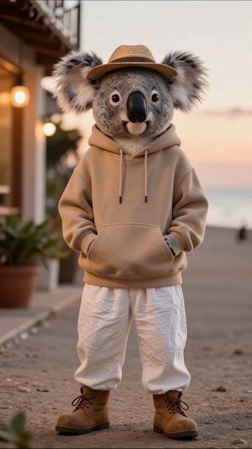 Коала в стильной одежде на пляже #коала #мода #приключения