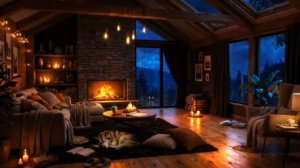 Расслабляющие звуки дождя с грозой и камином в уютном доме, для отдыха и сна, дождь с грозой 😴