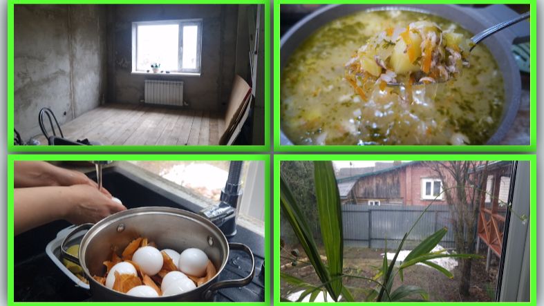 Продвижения в ремонте дома. Крашу яйца и рассольник с красным рисом. Храню розы до высадки.