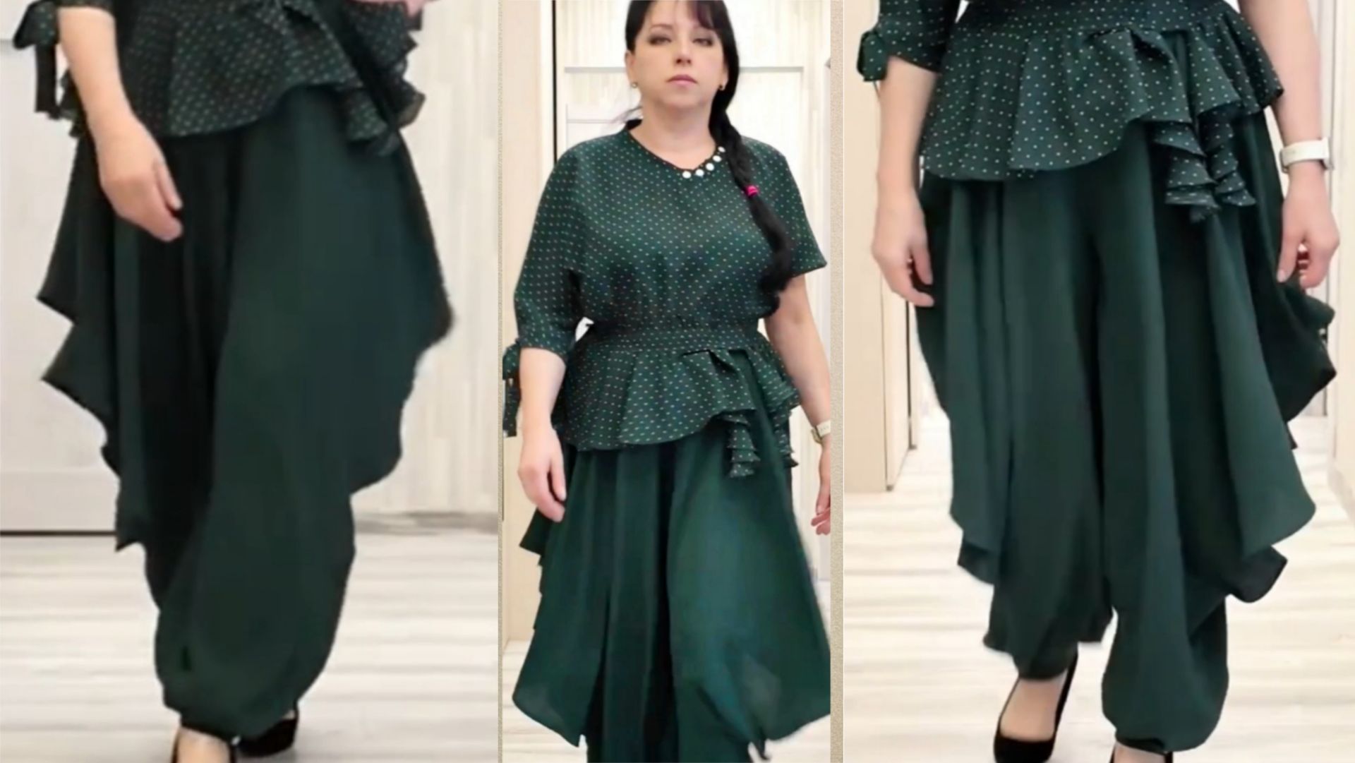 БРЮКИ НЕОБЫЧНОГО КРОЯ. Брюки солнце со складками и манжетами по низу.