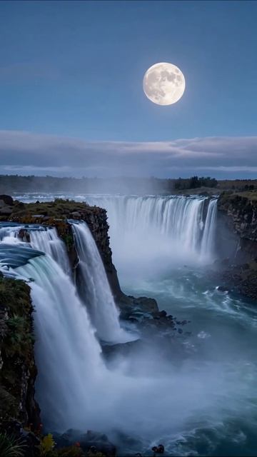 Водопад под полной луной: сказочная природа #природа #пейзаж #водопад