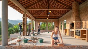 Молодая женщина строит бетонный дом на сваях со строителями. От первого кирпича до крыши