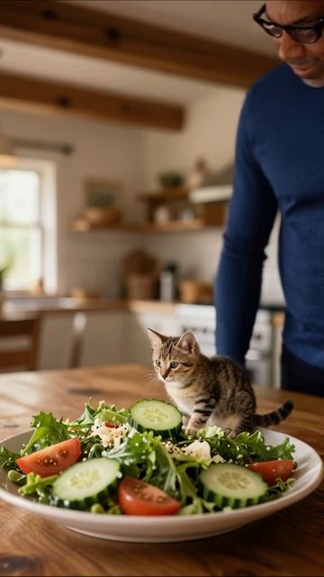 Котик на салате: весёлые приключения в кухне #кот #салат #приключения