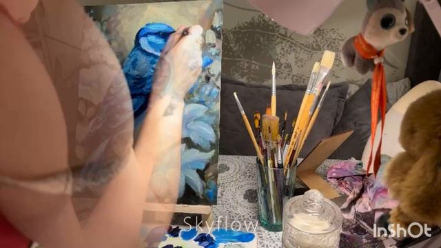 Рисую картину маслом. Синяя птица.