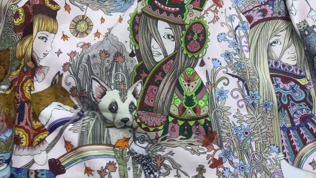 Трикотаж бежевого цвета с принтом мультяшные девочки  38186